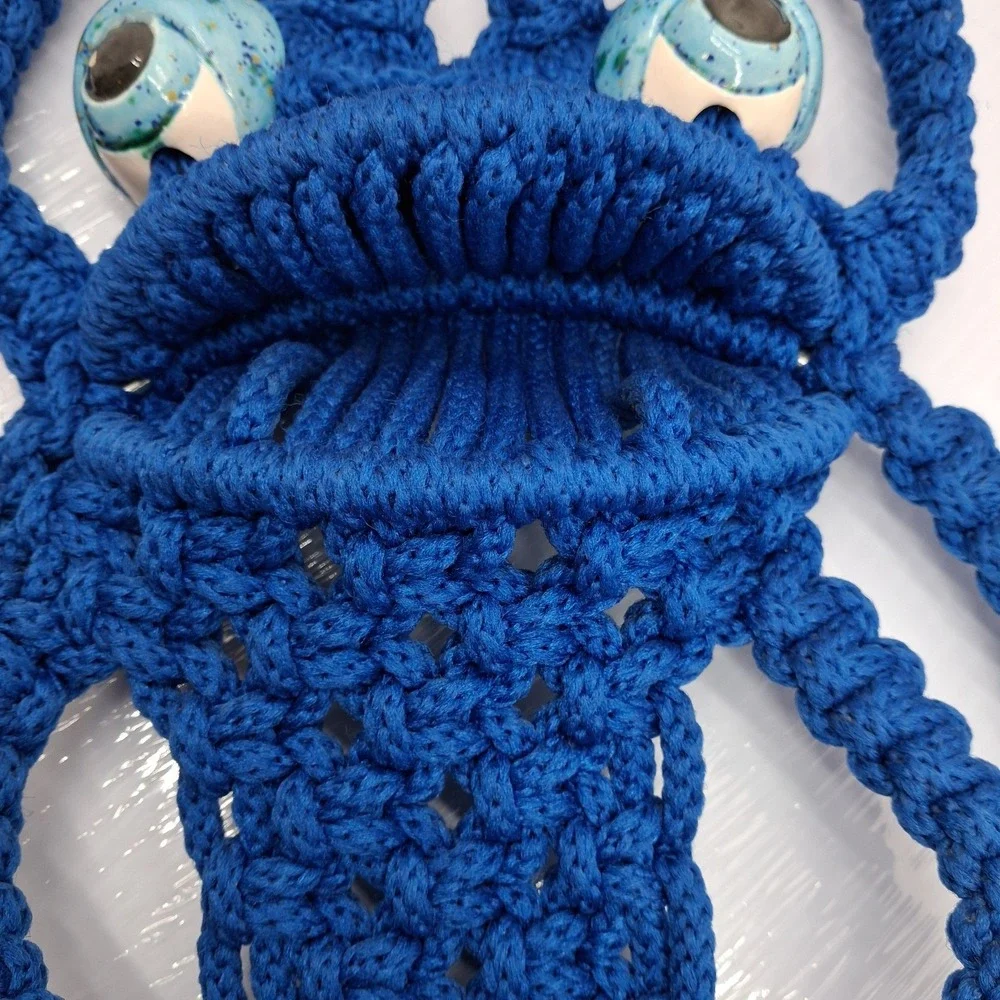 VTG 1970s Frog Macrame Blue Towel Holder Wall Hanging Rack Wood MCM Retro 20